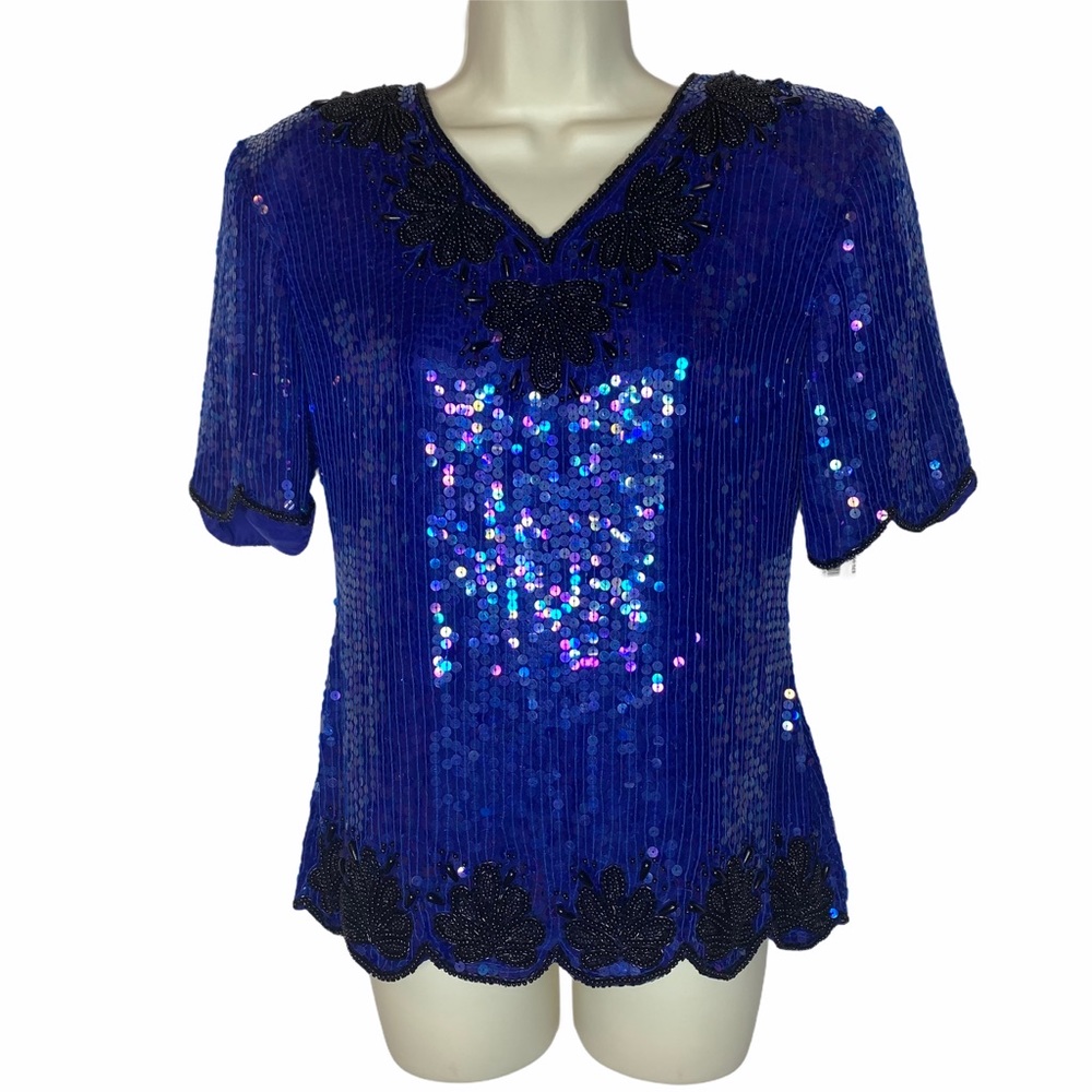 Stenay Trophy Top VTG 80’s Blue Sequined Maximum Shine Disco Party Statement